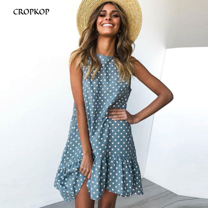 Women Summer Dress Ruffles Polka Dot Sleeveless Mini Dresses Plus Size Casual Loose Black Beach Sundress