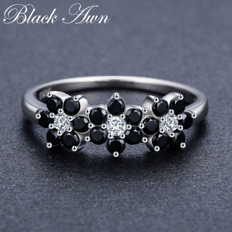 New Cute Silver Color Jewelry Flower Bague Black Spinel Wedding Rings for Women Girl Party Gift