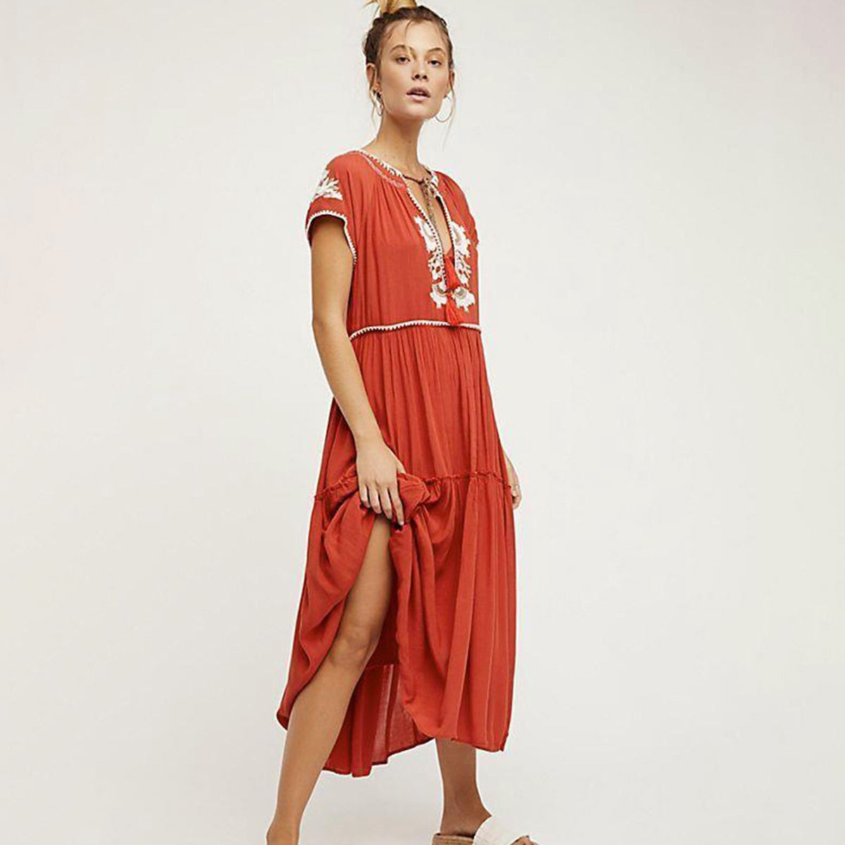 Daisy Fields Boho Maxi Dress Women Long Sleeve V neck Lace Up Sexy Dresses Ladies Red Embroidery Gypsy Hippie Long Dress