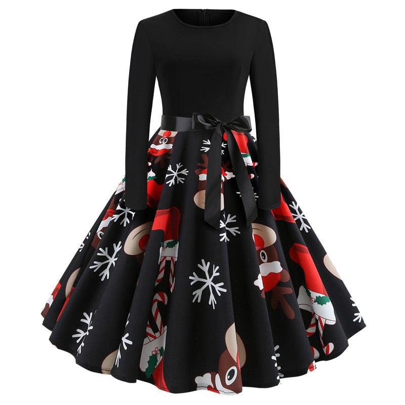 Christmas Dresses Women Vintage Robe Swing Pinup Elegant Party Dress Long Sleeve Casual Print Black