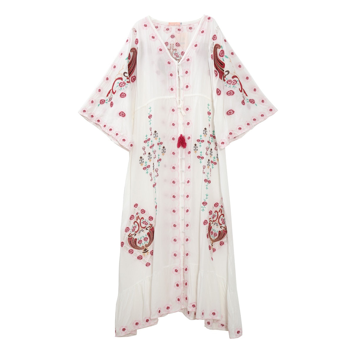 Floral Embroidered Boho Dress V-Neck Batwing Sleeve Women Dresses Loose Long Maxi Dress Summer Dresses Vestidos