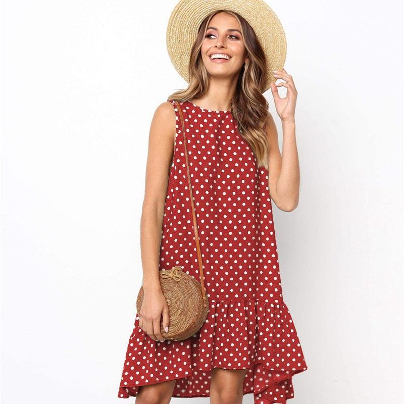 Lossky Women Summer Dress Polka Dot Chiffon Sleeveless Beach Mini Casual Yellow Sundress Fashion Dress For Women