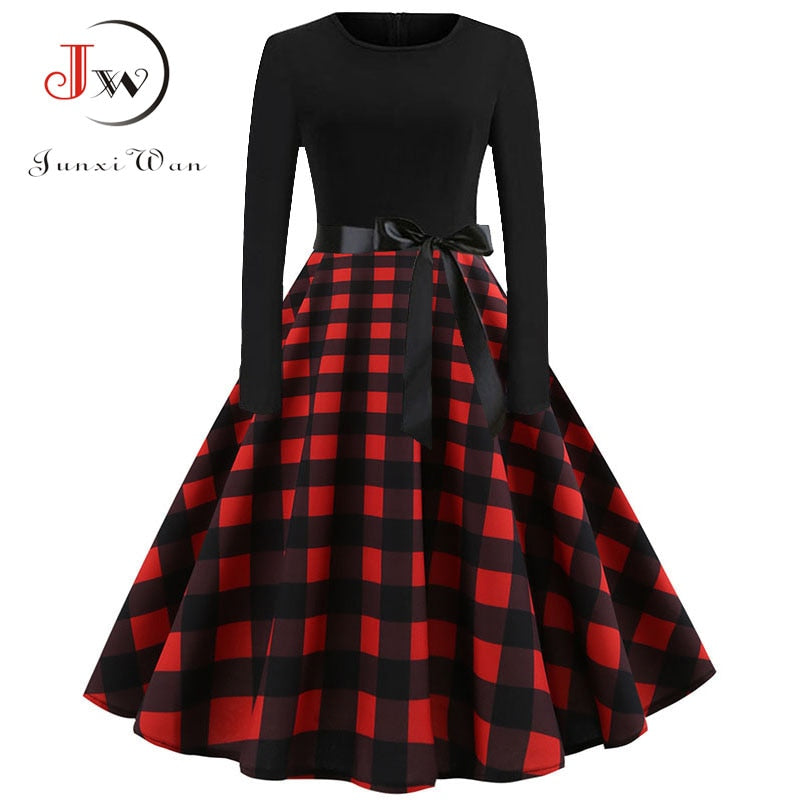 Christmas Dresses Women Vintage Robe Swing Pinup Elegant Party Dress Long Sleeve Casual Print Black