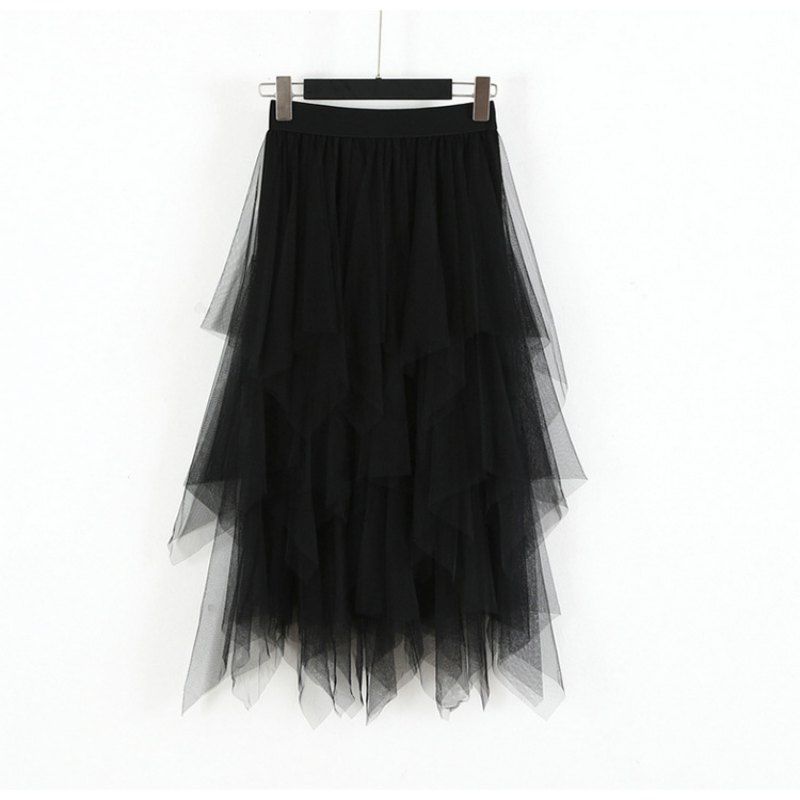 Party Skirt Elastic High Waist Long Tulle Skirt Women Irregular Hem Mesh Tutu Skirt Ladies