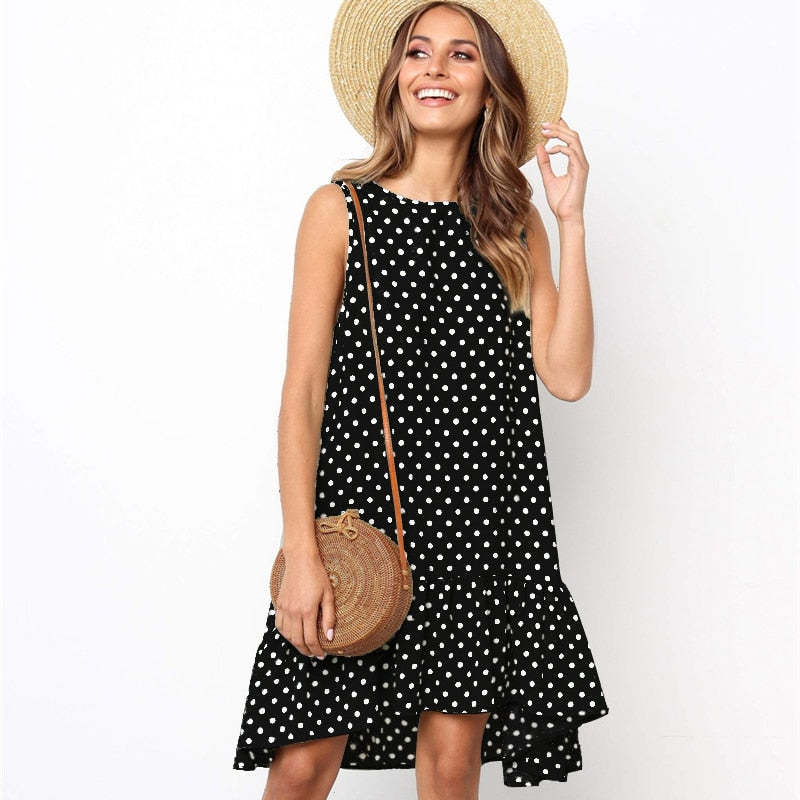 Lossky Women Summer Dress Polka Dot Chiffon Sleeveless Beach Mini Casual Yellow Sundress Fashion Dress For Women