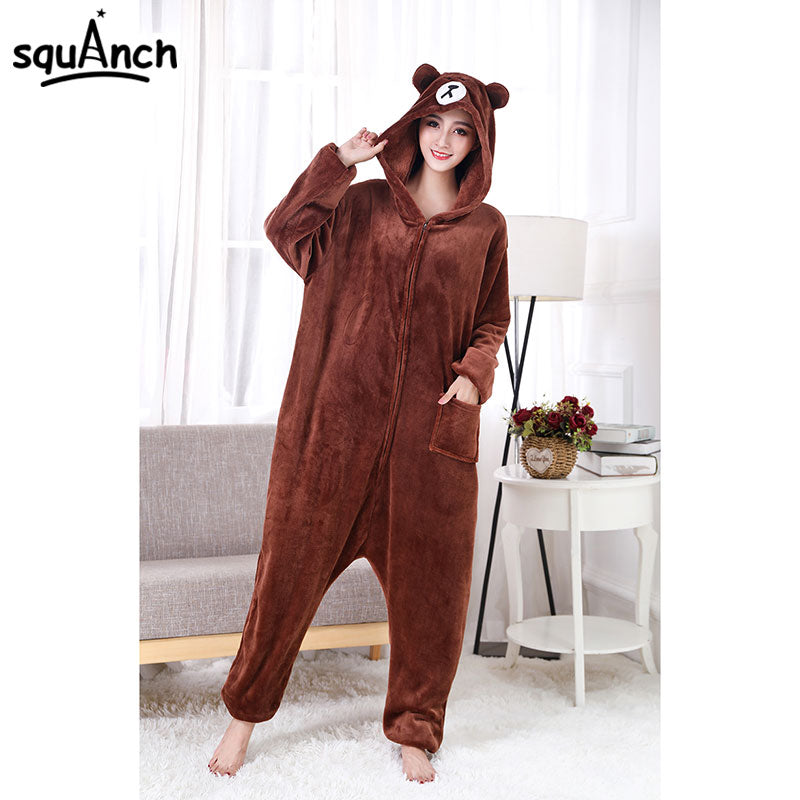 Unisex Bear Kigurumis Zipper Animal Onesie Women Men Adult Couple Funny Jumpsuit Flannel Warm Soft Cartoon Winter Sleepwear