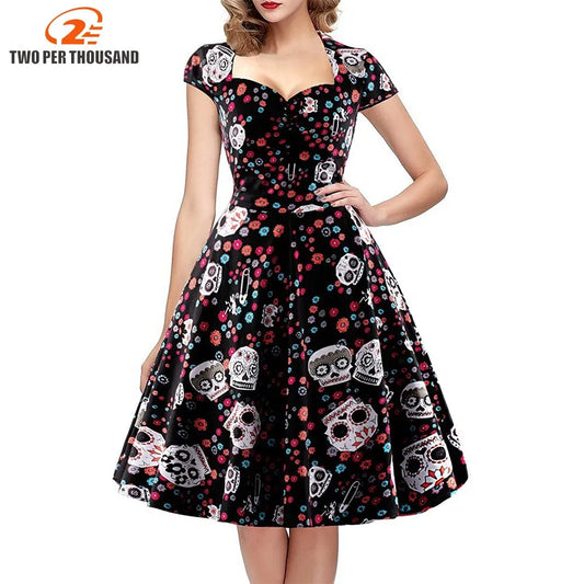 Halloween Skull Print Gothic Dress Women Vintage Square Collar Wrapped Chest Big Size 4XL Swing Rockabilly Pin Up Retro Dresses