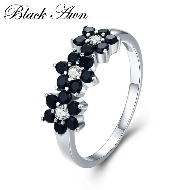 New Cute Silver Color Jewelry Flower Bague Black Spinel Wedding Rings for Women Girl Party Gift