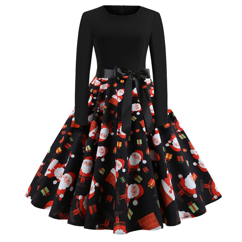 Christmas Dresses Women Vintage Robe Swing Pinup Elegant Party Dress Long Sleeve Casual Print Black