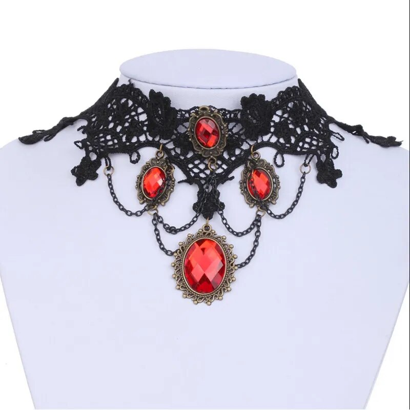 Victorian Gothic Halloween Red Rhinestone Charms Vampire Maxi Necklace Choker Fashion  Cocktail Evening Party Dress Jewelry