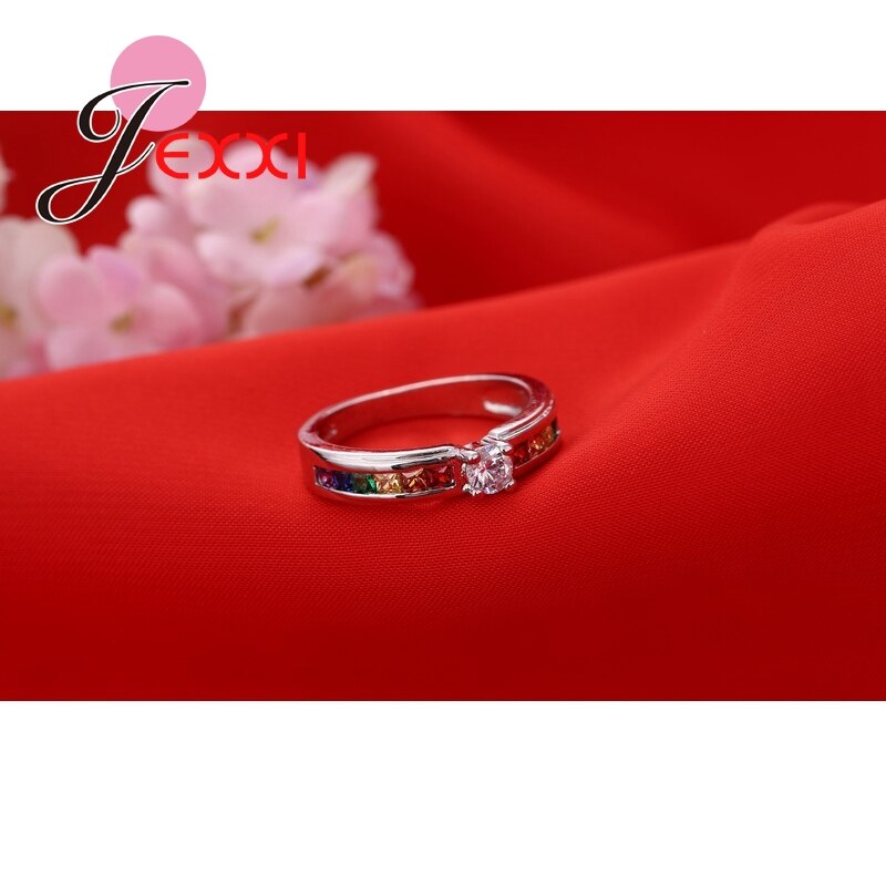 Real 925 Sterling Silver Various Colors Round Colorized Crystal Women Wedding Rings CZ Fashion Jewelry Ladies Accessories