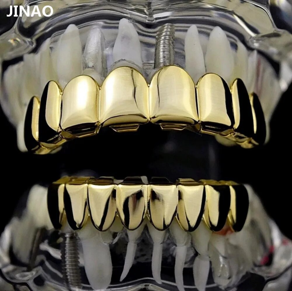 Hip Hop 8/8 Gold Color Grillz Set Top & Bottom Grills Dental Mouth Punk Teeth Caps Cosplay Party Tooth Rapper Halloween Jewelry