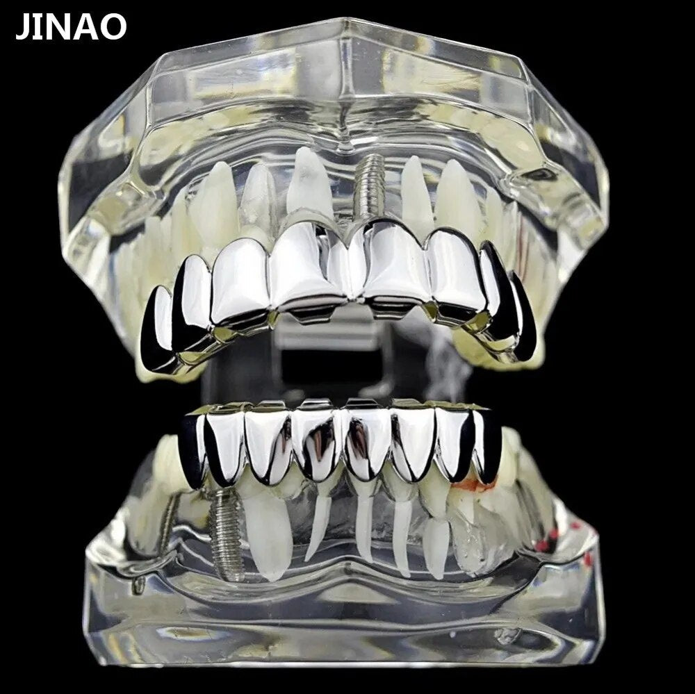 Hip Hop 8/8 Gold Color Grillz Set Top & Bottom Grills Dental Mouth Punk Teeth Caps Cosplay Party Tooth Rapper Halloween Jewelry