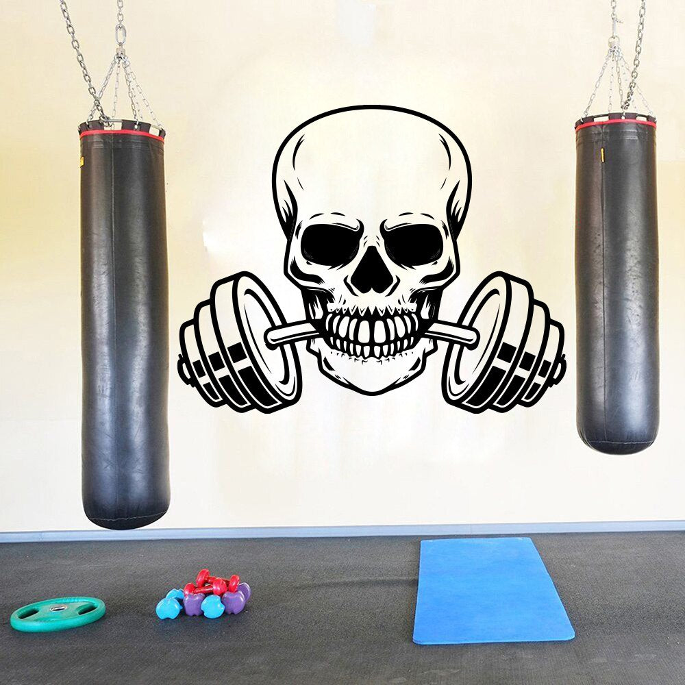 Large Skeleton Barbell Fitness Wall Sticker Gym Workout Skull Barbell Crossfit Sport Wall Decal Exercise Vinyl Decor