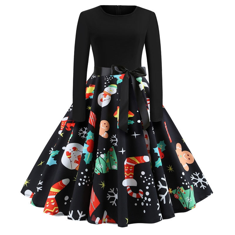 Christmas Dresses Women Vintage Robe Swing Pinup Elegant Party Dress Long Sleeve Casual Print Black