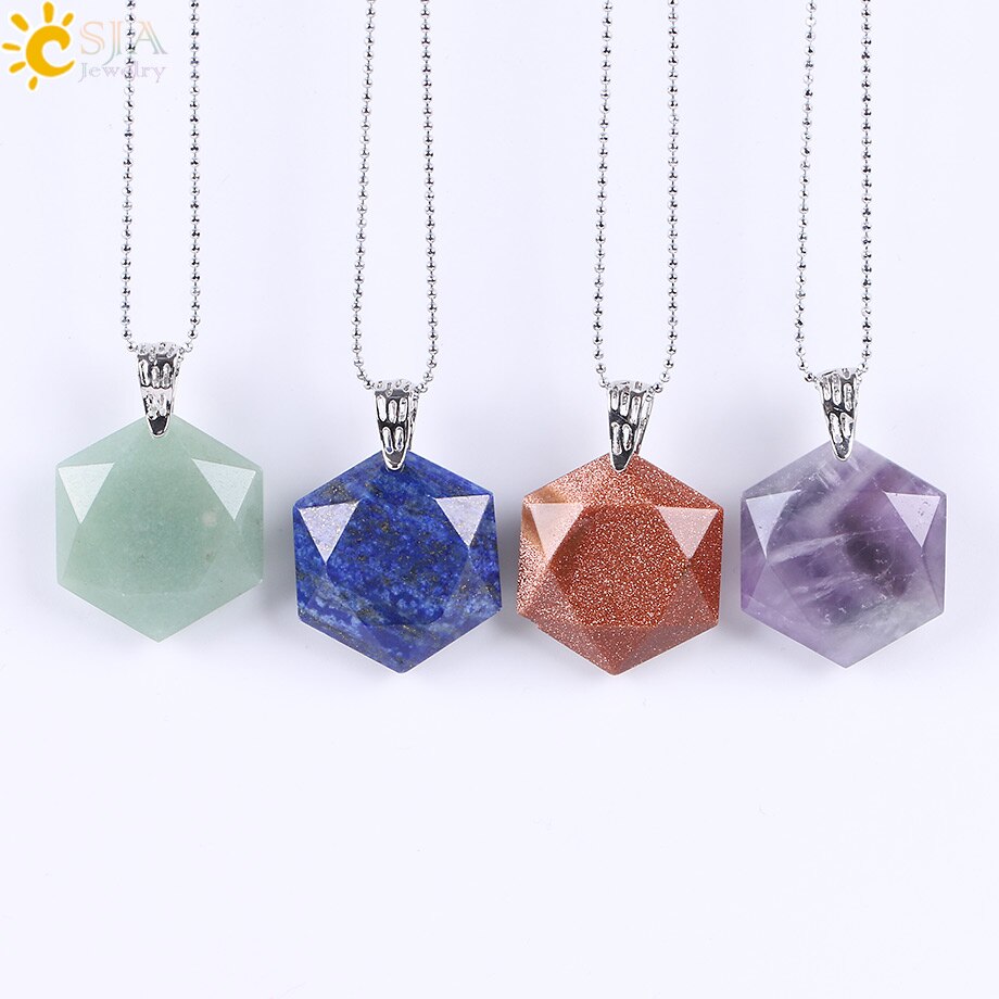 Hexagonal Natural Gem Stone Necklaces & Pendants Opal Lapis Lazuli Pink Quartz Tiger Eye Chakra Reiki Jewelry