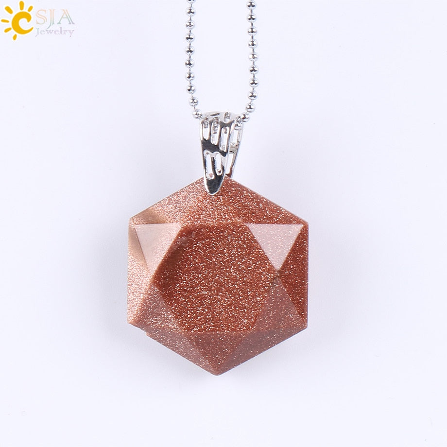 Hexagonal Natural Gem Stone Necklaces & Pendants Opal Lapis Lazuli Pink Quartz Tiger Eye Chakra Reiki Jewelry