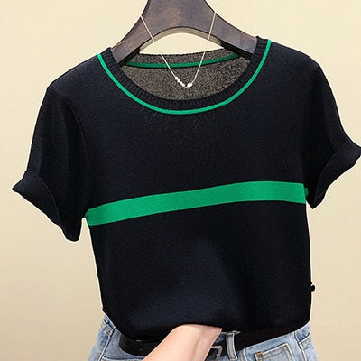 Thin Knitted T Shirt Women Clothes Summer Woman Short Sleeve Tees Tops Striped Casual T-Shirt Female Tshirt Femme