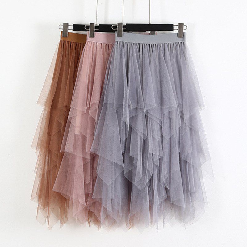 Party Skirt Elastic High Waist Long Tulle Skirt Women Irregular Hem Mesh Tutu Skirt Ladies