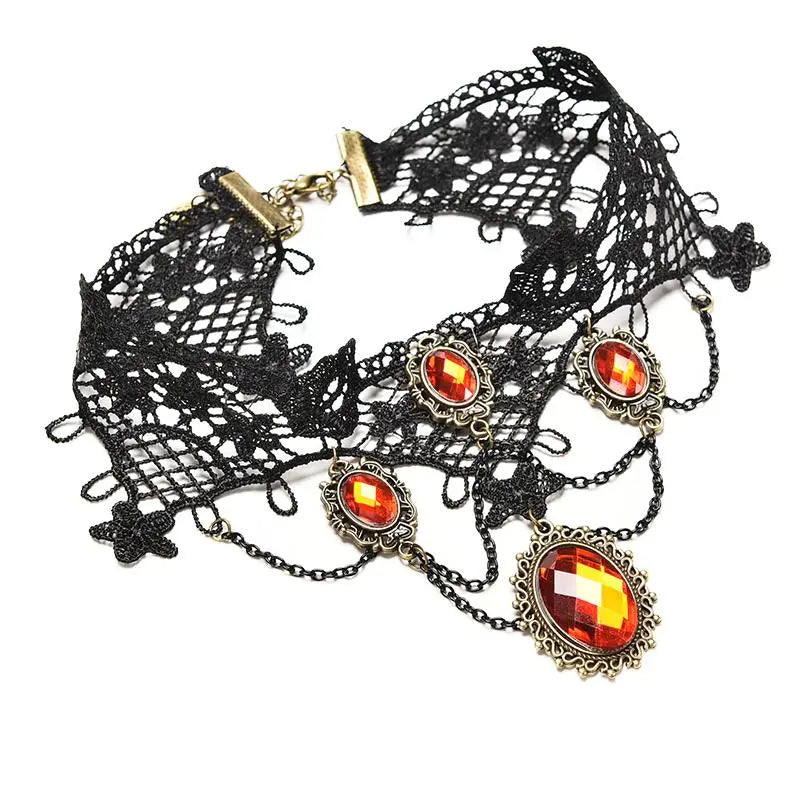 Victorian Gothic Halloween Red Rhinestone Charms Vampire Maxi Necklace Choker Fashion  Cocktail Evening Party Dress Jewelry