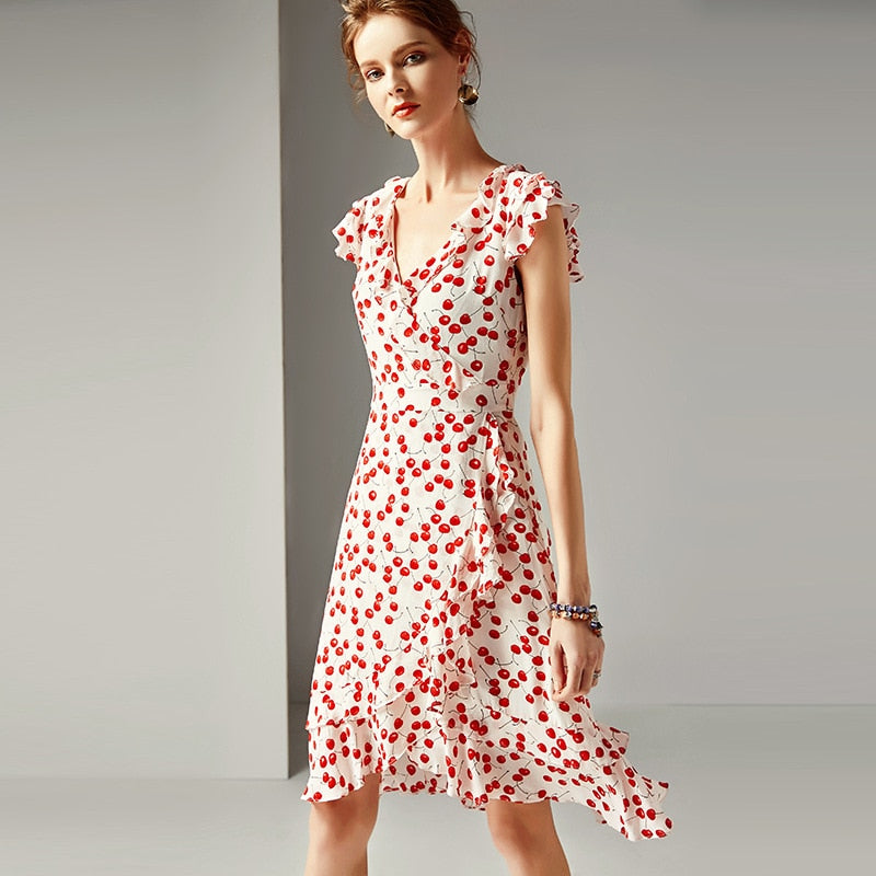 Womens V-neck ruffled waist slimming silk printed A-line dress - Spring/Summer