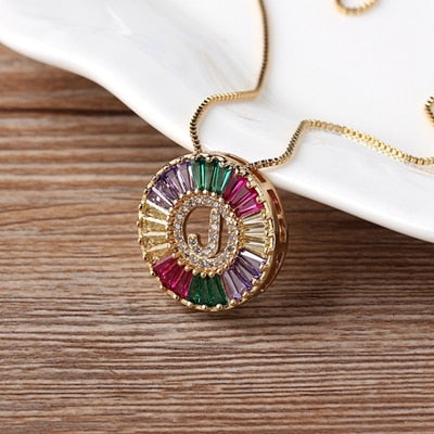 Nidin New Fashionable Rainbow Micro Pave CZ Cubic Zirconia A-Z Initials Letter Pendant Necklaces For Women Family Jewelry Gift