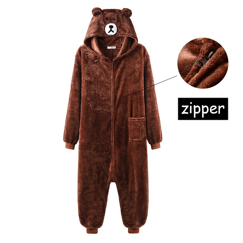 Unisex Bear Kigurumis Zipper Animal Onesie Women Men Adult Couple Funny Jumpsuit Flannel Warm Soft Cartoon Winter Sleepwear