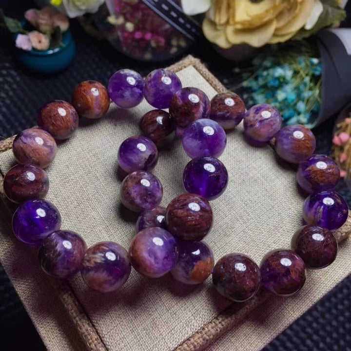 Genuine Natural Cacoxenite Quartz Purple Phantom Round Beads Women Stretch Bracelet 13mm 14mm Reiki Rare Stone