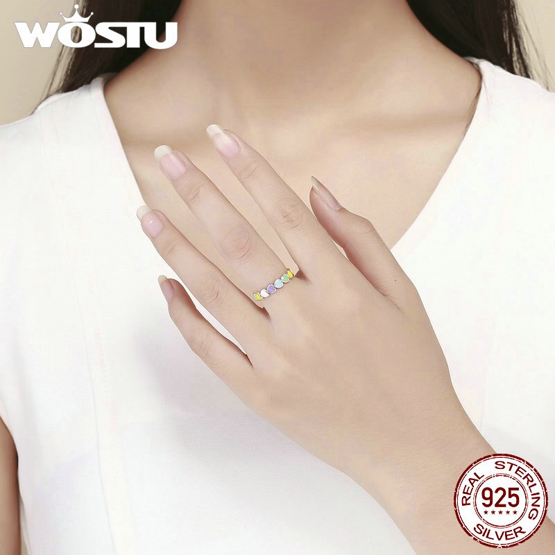 WOSTU New Arrival 925 Sterling Silver Multi-Color Rainbow Heart Finger Rings For Women Luxury Ring Jewelry Gift