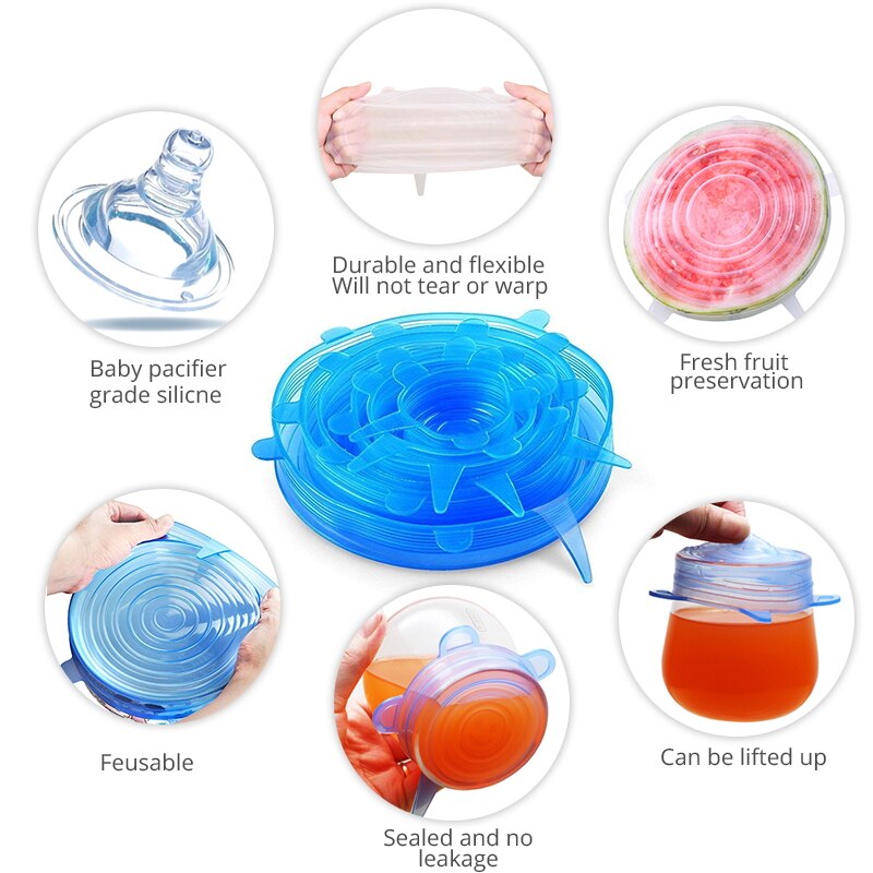 6pcs Silicone Stretch Lids Reusable Airtight Food Wrap Covers Keeping Fresh Cover Kitchen Accessories