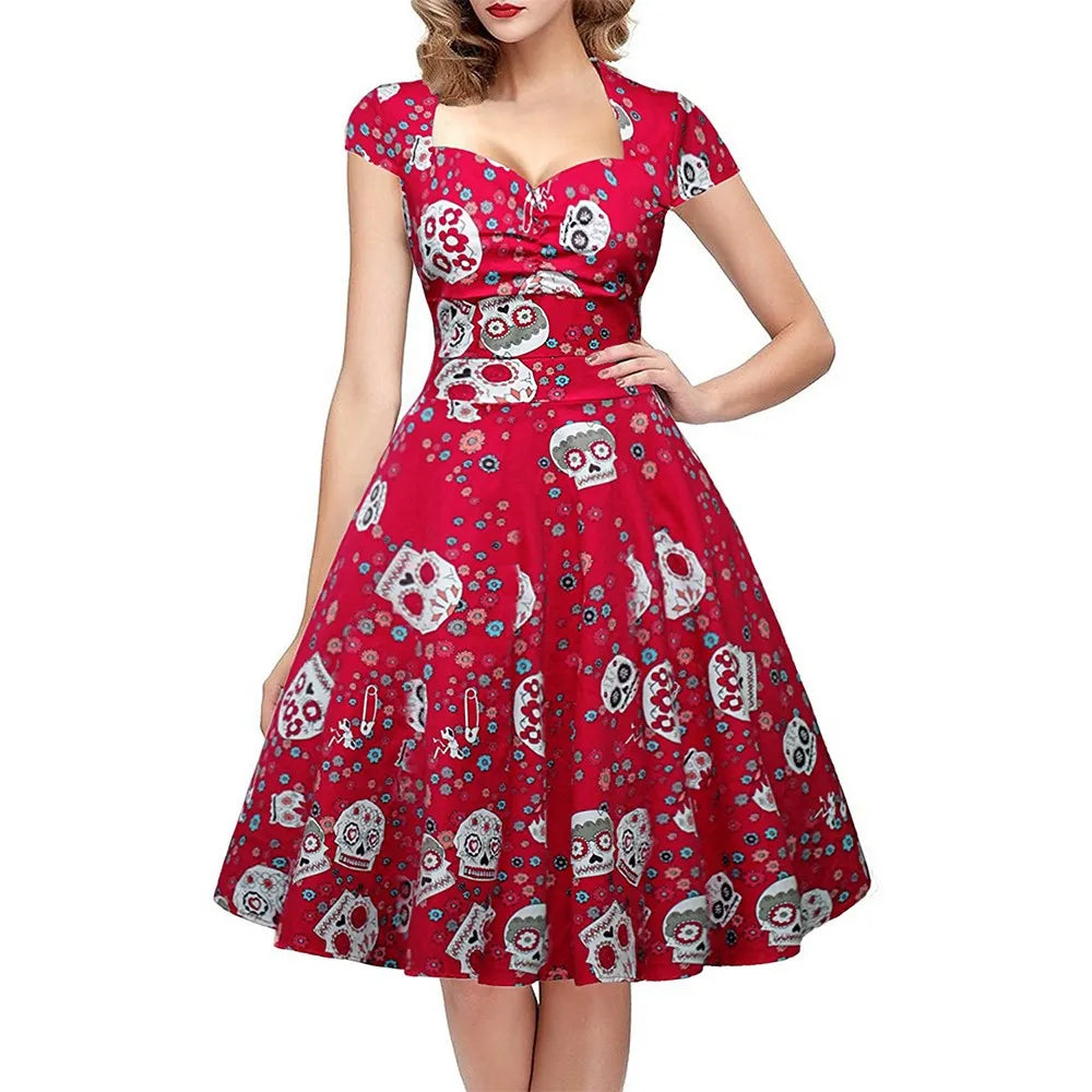 Halloween Skull Print Gothic Dress Women Vintage Square Collar Wrapped Chest Big Size 4XL Swing Rockabilly Pin Up Retro Dresses