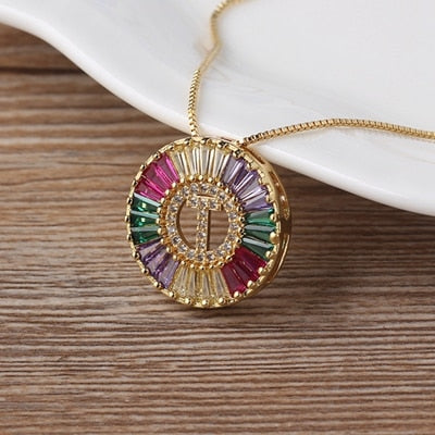 Nidin New Fashionable Rainbow Micro Pave CZ Cubic Zirconia A-Z Initials Letter Pendant Necklaces For Women Family Jewelry Gift