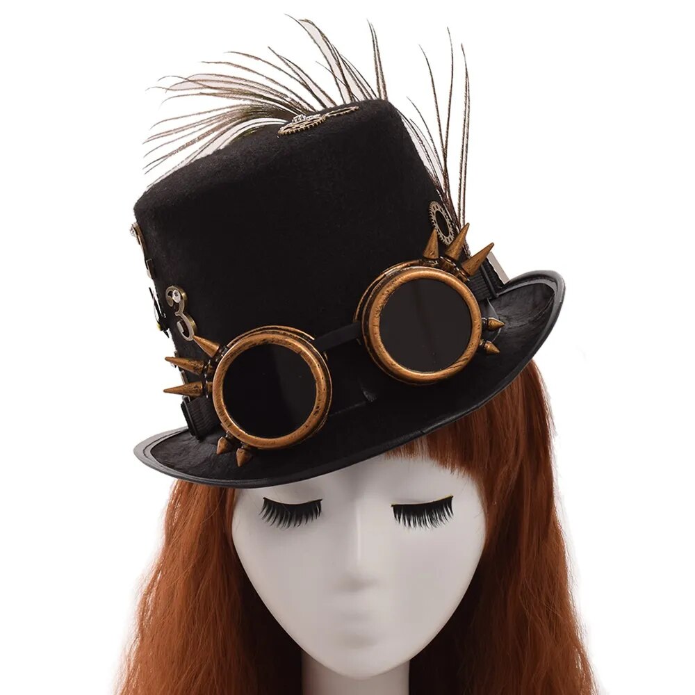 Women Black Steam Punk Hats Unisex Man/Woman Goggles Feather Gear Clock Halloween Party Top Hat