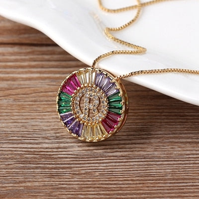 Nidin New Fashionable Rainbow Micro Pave CZ Cubic Zirconia A-Z Initials Letter Pendant Necklaces For Women Family Jewelry Gift