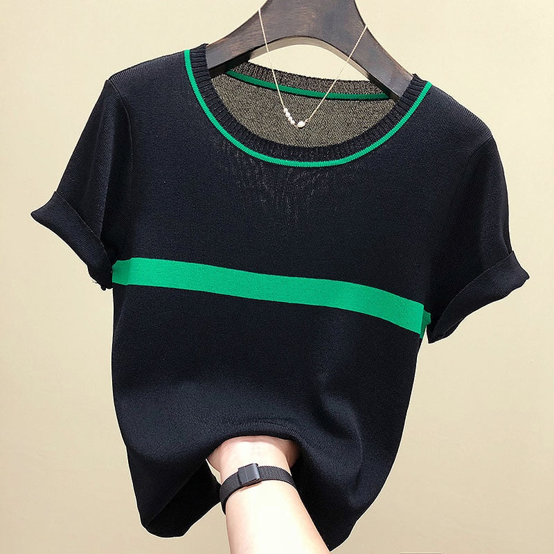 Thin Knitted T Shirt Women Clothes Summer Woman Short Sleeve Tees Tops Striped Casual T-Shirt Female Tshirt Femme