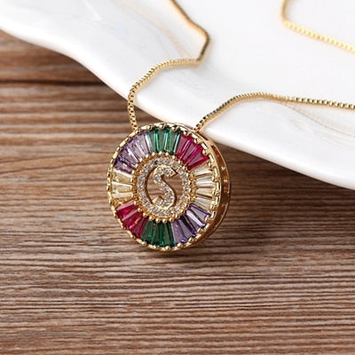 Nidin New Fashionable Rainbow Micro Pave CZ Cubic Zirconia A-Z Initials Letter Pendant Necklaces For Women Family Jewelry Gift