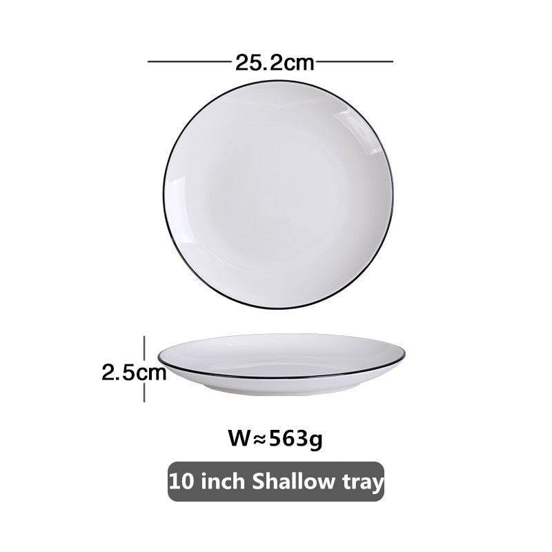 White With Black Edge Dinner Plate Ceramic Kitchen Tray Food Dishes Rice Salad Noodles Bowl Soup Kitchen Cook Tool 1pcs Sale