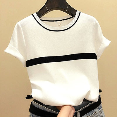 Thin Knitted T Shirt Women Clothes Summer Woman Short Sleeve Tees Tops Striped Casual T-Shirt Female Tshirt Femme