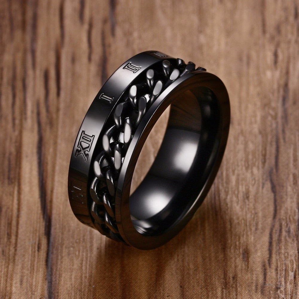 Men's Rings, Roman Number with Cuban Chain Band, 8MM Stainless Steel Spinner Ring ,Male Jewelry