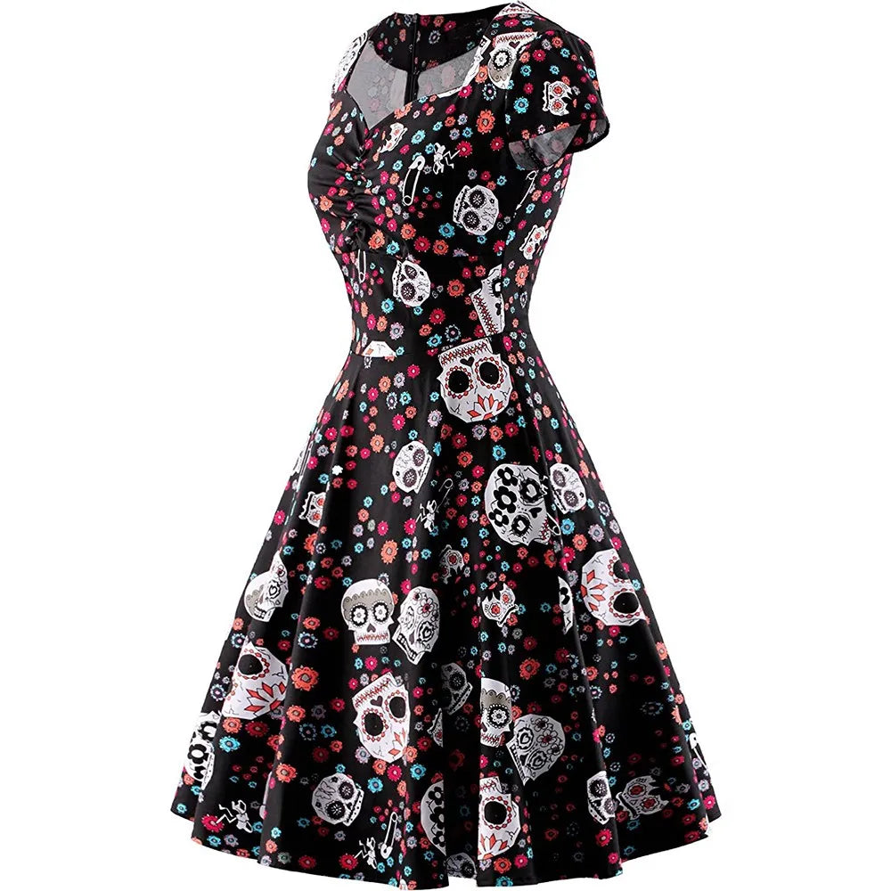 Halloween Skull Print Gothic Dress Women Vintage Square Collar Wrapped Chest Big Size 4XL Swing Rockabilly Pin Up Retro Dresses