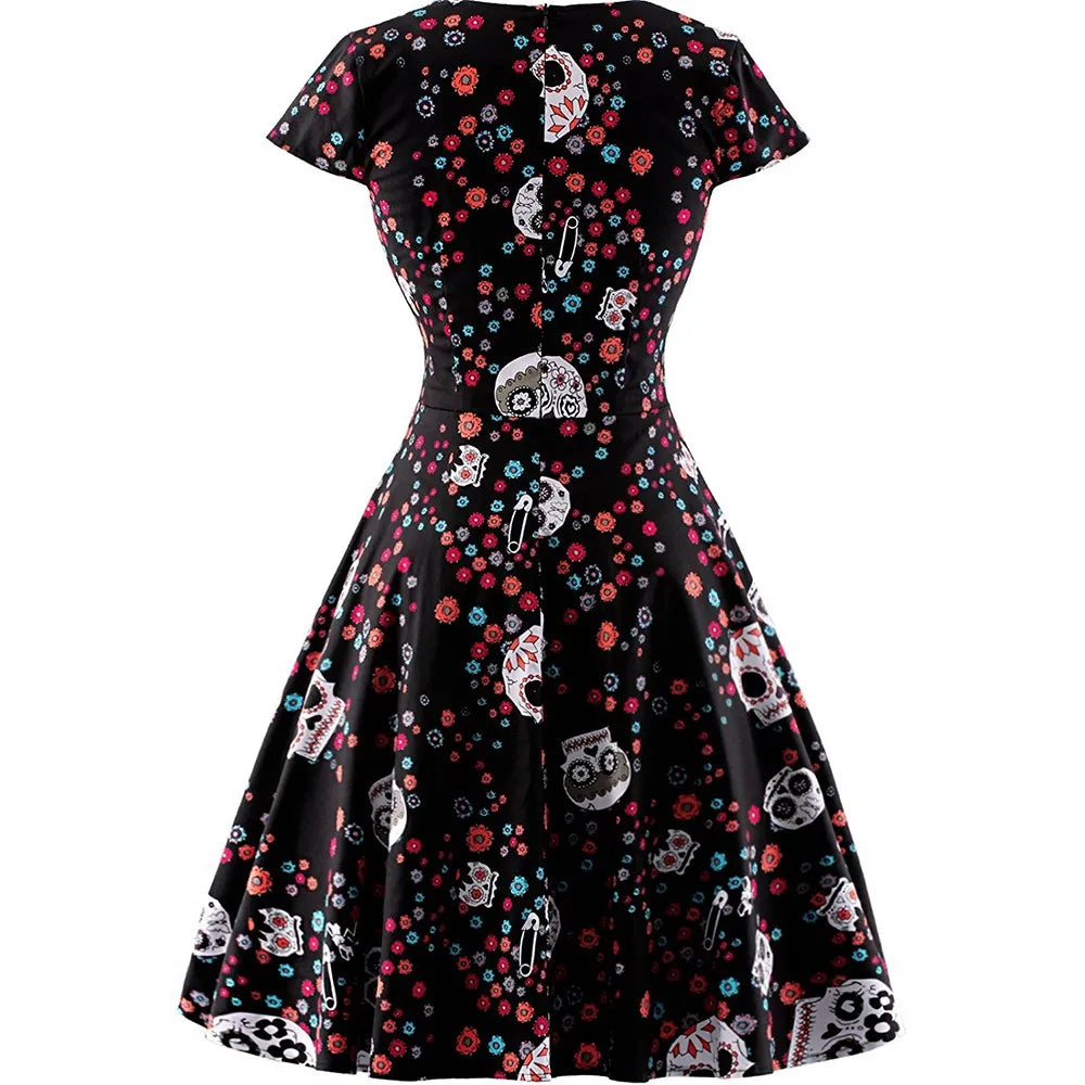 Halloween Skull Print Gothic Dress Women Vintage Square Collar Wrapped Chest Big Size 4XL Swing Rockabilly Pin Up Retro Dresses