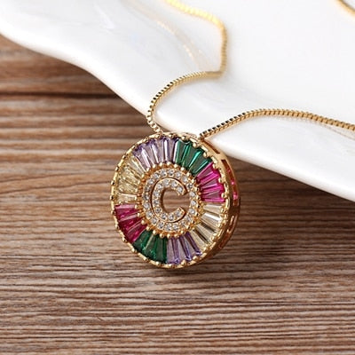 Nidin New Fashionable Rainbow Micro Pave CZ Cubic Zirconia A-Z Initials Letter Pendant Necklaces For Women Family Jewelry Gift