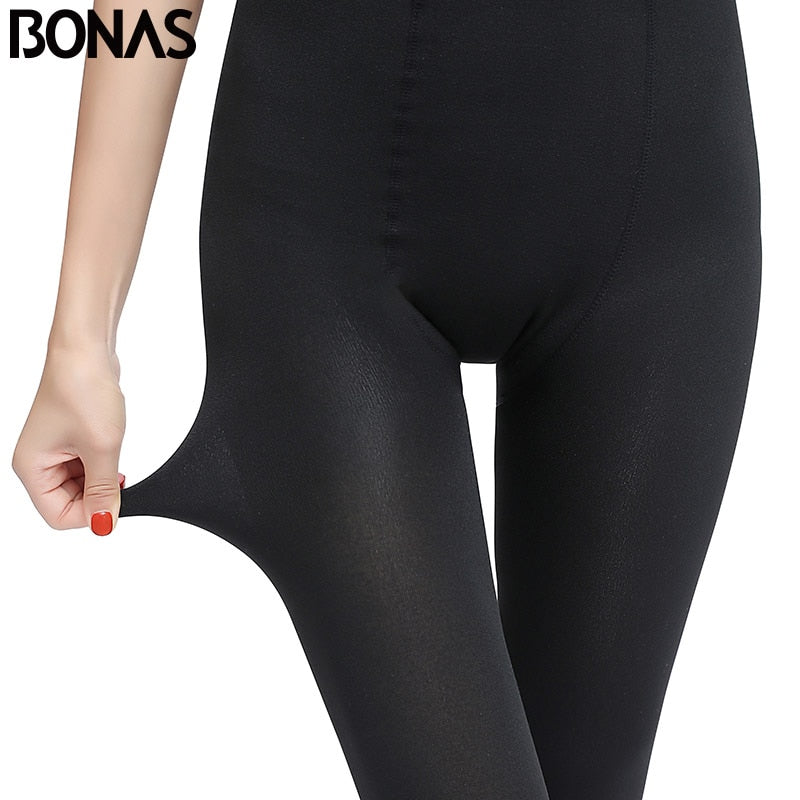 BONAS Women Winter Warm Tights High Elastic Velvet Winter Pantyhose Sexy Keep Warm Legins Female Double Crotch Tights