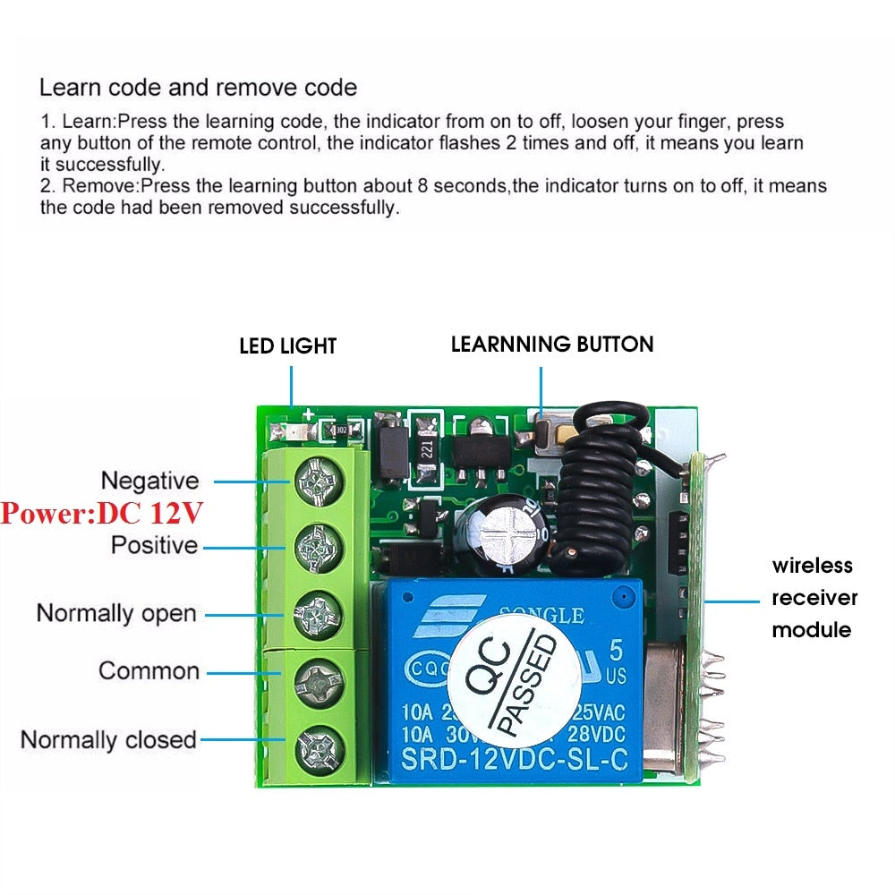 Hot DC12V 10A Relay 1 CH Wireless RF Remote Control Switch Transmitter with Receiver Module 433mhz LED Remote Control