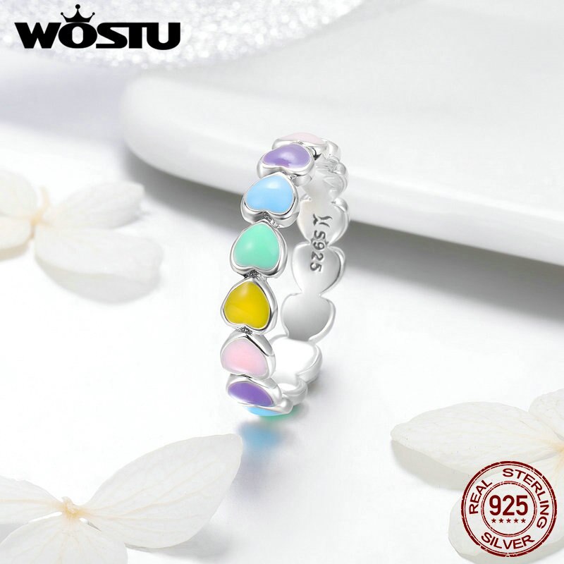 WOSTU New Arrival 925 Sterling Silver Multi-Color Rainbow Heart Finger Rings For Women Luxury Ring Jewelry Gift