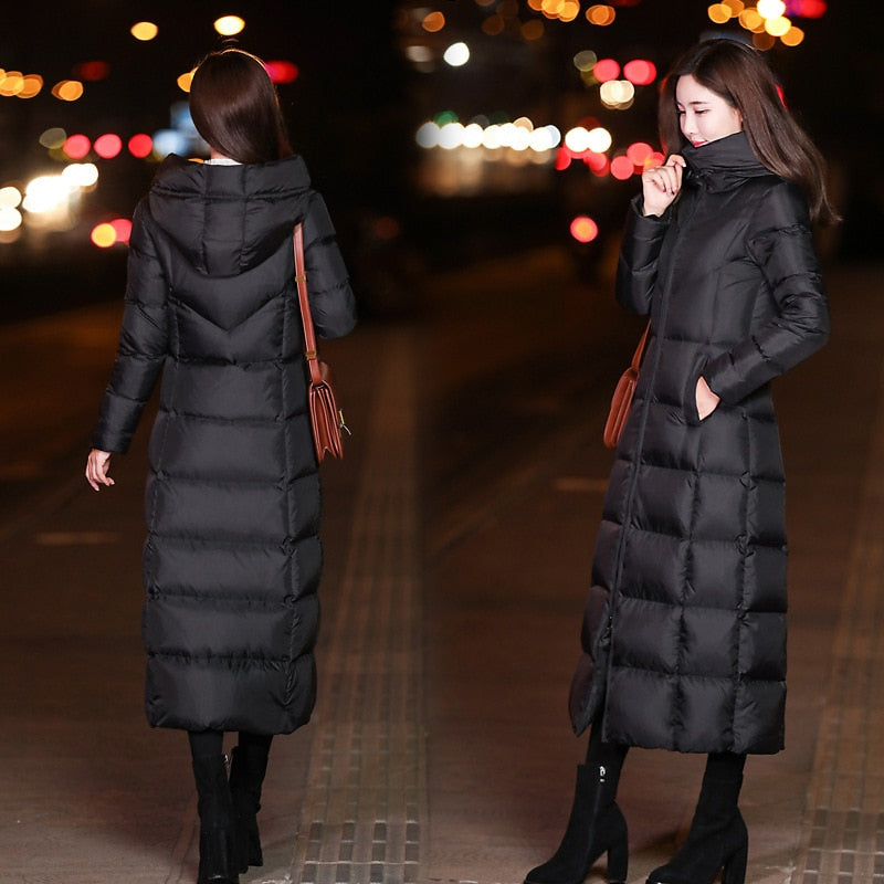 Winter Jackets Women Coat Female Slim Parka Over-Knee Cotton Padded Korea Hooded Warm Manteau Femme Hiver Black Solid Long Coat