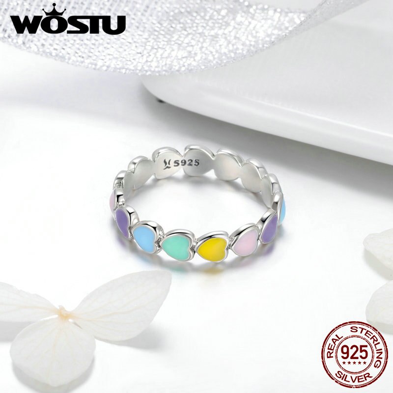 WOSTU New Arrival 925 Sterling Silver Multi-Color Rainbow Heart Finger Rings For Women Luxury Ring Jewelry Gift