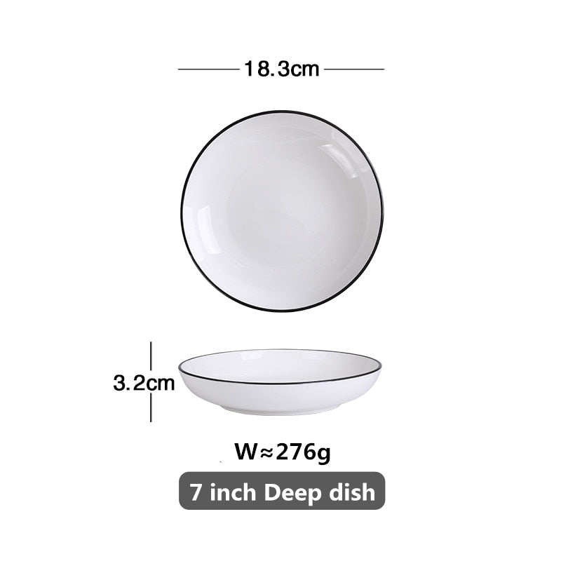 White With Black Edge Dinner Plate Ceramic Kitchen Tray Food Dishes Rice Salad Noodles Bowl Soup Kitchen Cook Tool 1pcs Sale