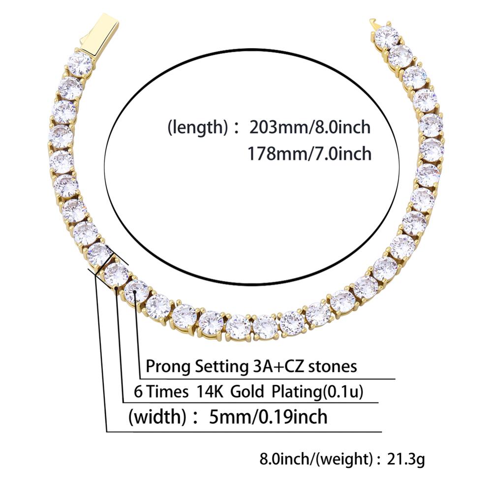 3MM-6MM Spring Buckle Tennis Chain Iced Out Cubic Zirconia 1 Row Tennis Chain Bracelet Men And Women Hip Hop Jewelry