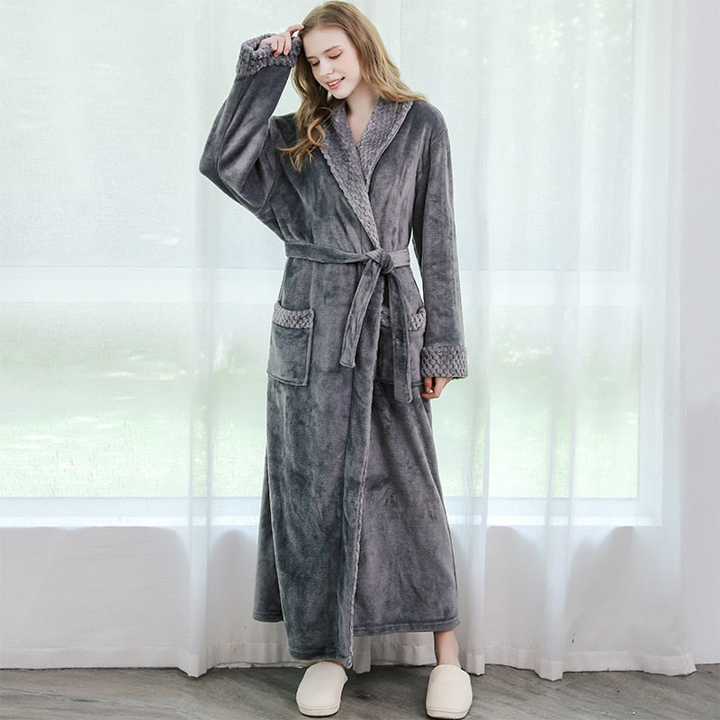 Winter Long Coral Fleece Bathrobe Kimono Warm Flannel Bath Robe Men Cozy Robes Night Sleepwear Women Dressing Gown